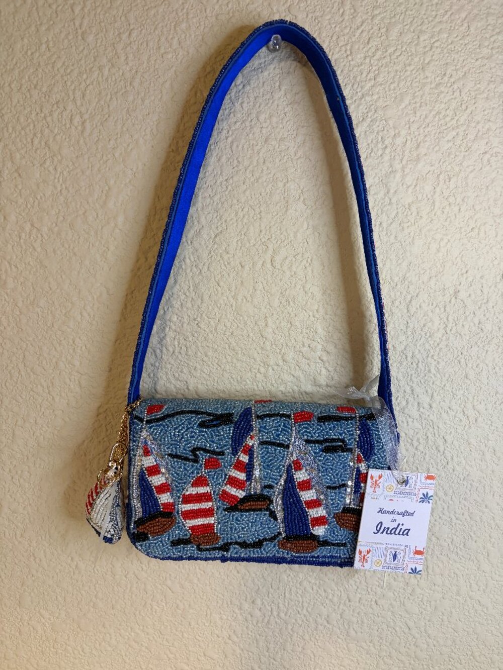 On Sale Made in India Beaded Sailboat Shoulder Bag Nautical Coastal Purse NWT